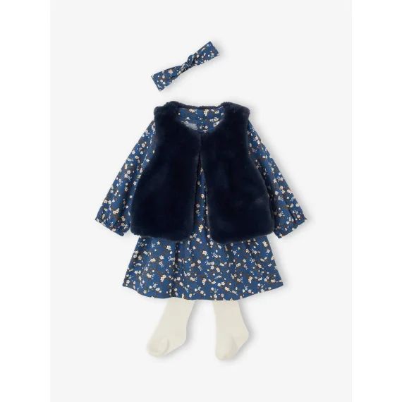 Ensemble 4 pièces bébé robe + gilet réversible + bandeau + collants marine