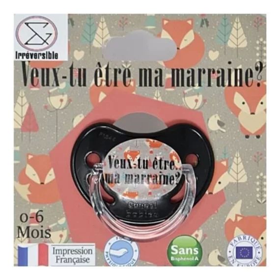 Sucette d&rsquo;annonce physiologique 0-6 mois – Veux tu être ma marraine – pour annoncer votre grossesse de façon originale noir