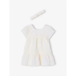 Ensemble cérémonie robe rayée fil brillant + bandeau assorti bébé rayé blanc