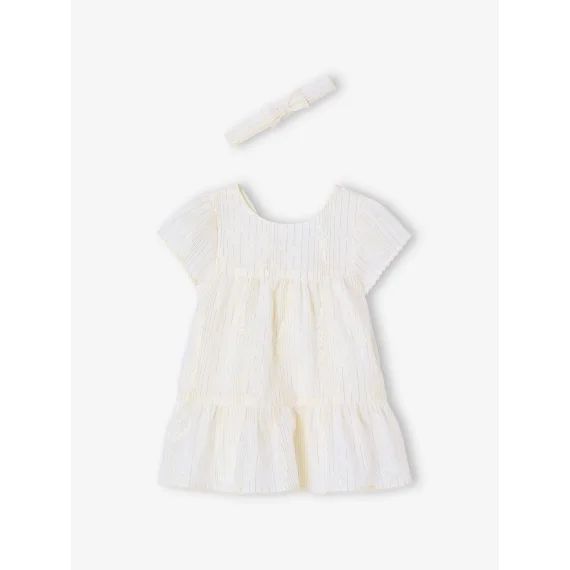 Ensemble cérémonie robe rayée fil brillant + bandeau assorti bébé rayé blanc