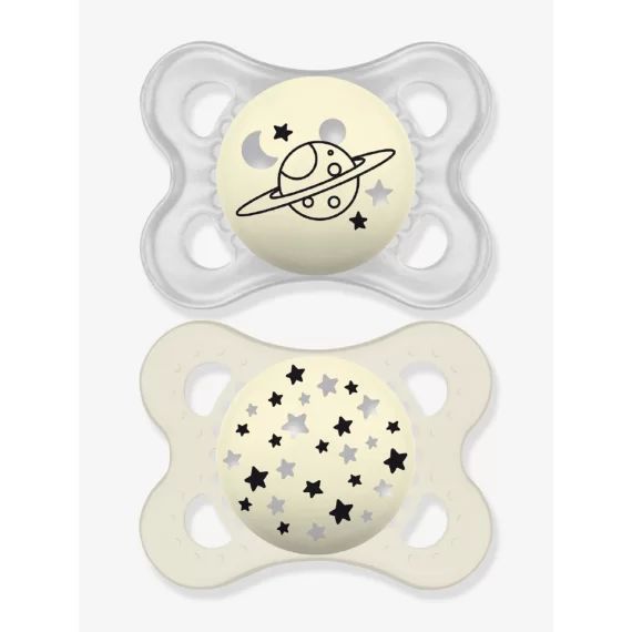 Lot de 2 sucettes en silicone MAM Nuit 2 à 6 mois beige + gris