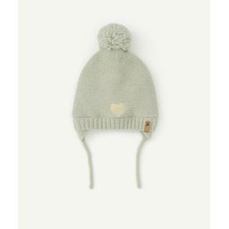 Bonnet en tricot vert d&rsquo;eau avec pompon bébé fille –  – Soldes