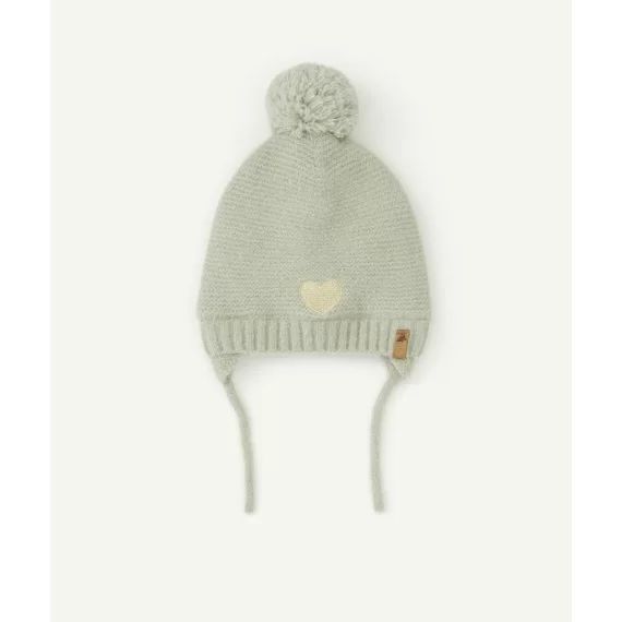 Bonnet en tricot vert d&rsquo;eau avec pompon bébé fille –  – Soldes