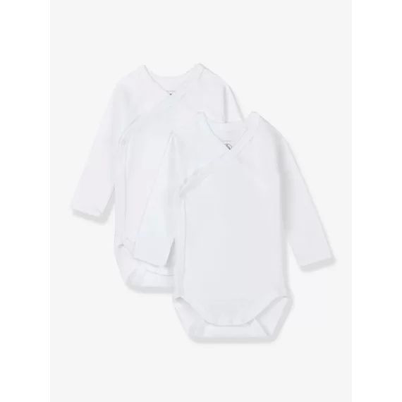 Lot de 2 bodies croisés manches longues bébé naissance en coton bio PETIT BATEAU blanc