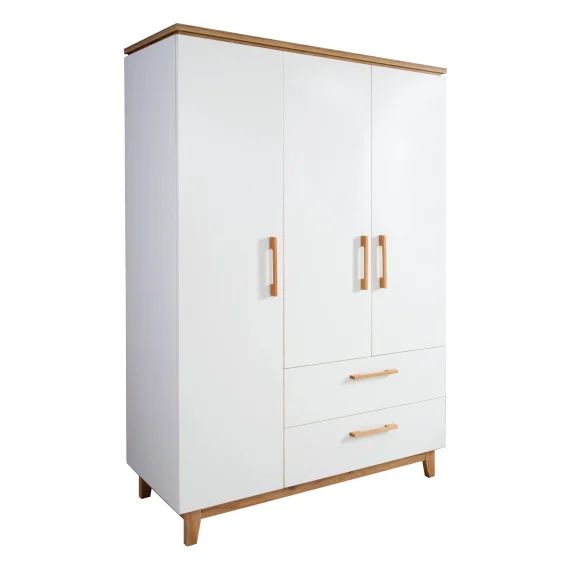 Armoire Bébé 3 Portes Et 2 Tiroirs À Fermeture Douce Finn Blanc / Chêne Doré