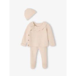 Ensemble naissance 3 pièces en tricot gilet + pantalon + bonnet rose