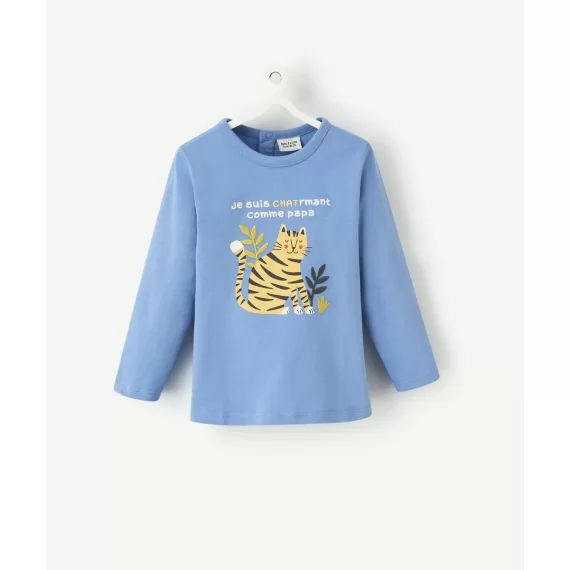 T-shirt bébé garçon en coton bio bleu et motif chat –  – Soldes