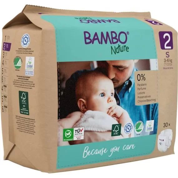 Bambo Nature Couches éco-conçues, T2, 3-6 kg, Carton de 180 unités (6 sachets de 30 unités), emballage papier Kraft blanc