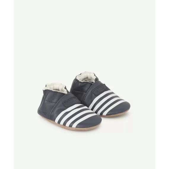 Chaussons bébé bleu marine en cuir avec rayures blanches –  – Soldes