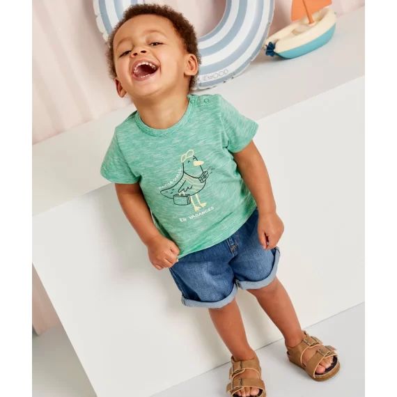 T-shirt garçon vert en coton bio avec imprimé mouette –  – Soldes
