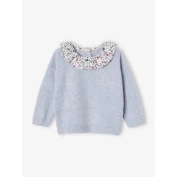 Pull à collerette imprimée fleurs bébé bleu chiné