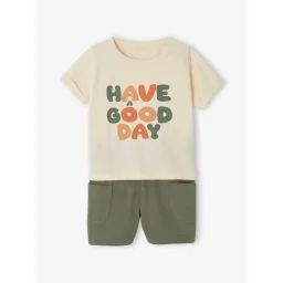 Ensemble T-shirt imprimé + short baggy bébé kaki