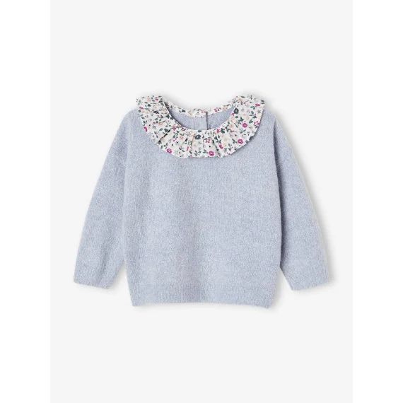 Pull à collerette imprimée fleurs bébé bleu chiné