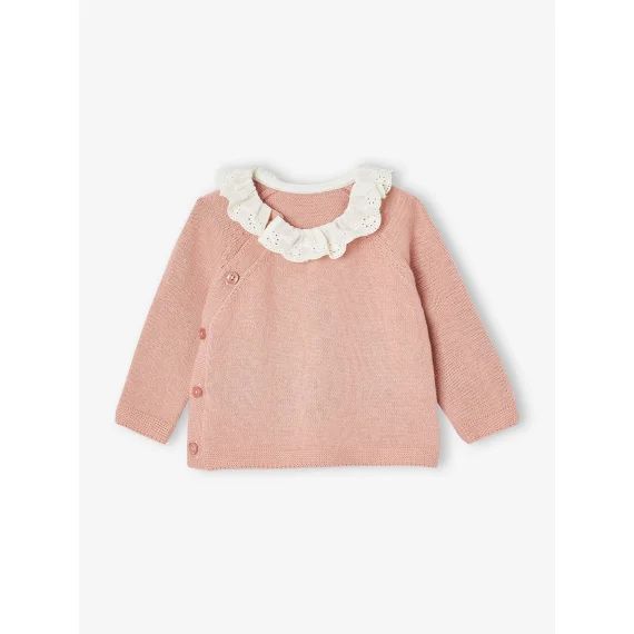 Pull bébé avec col en broderie anglaise rose