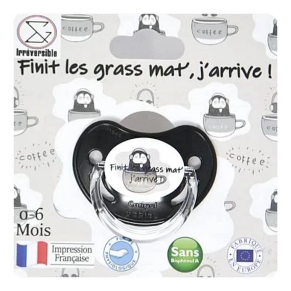 Sucette d&rsquo;annonce physiologique 0-6 mois – IRREVERSIBLE BIJOUX – Noir – Silicone – Physiologique (Bout aplati) noir