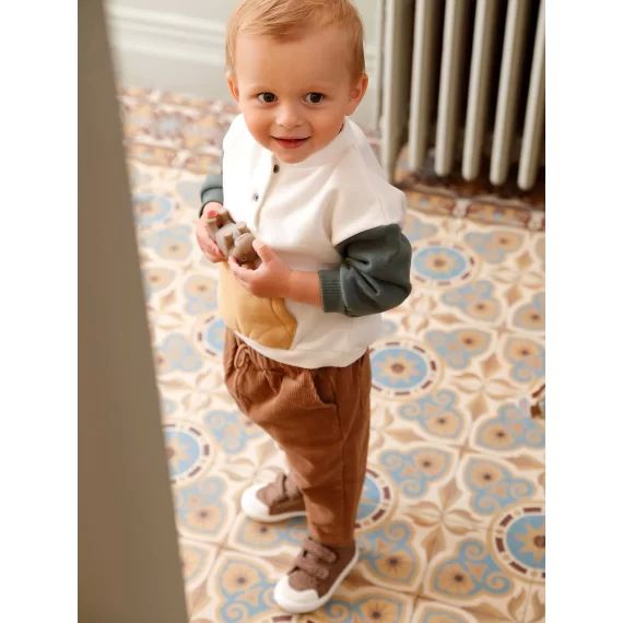 Ensemble bébé sweat en molleton + pantalon en velours ivoire