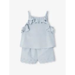 Ensemble bébé : blouse à bretelles + short brodé bleu glacier