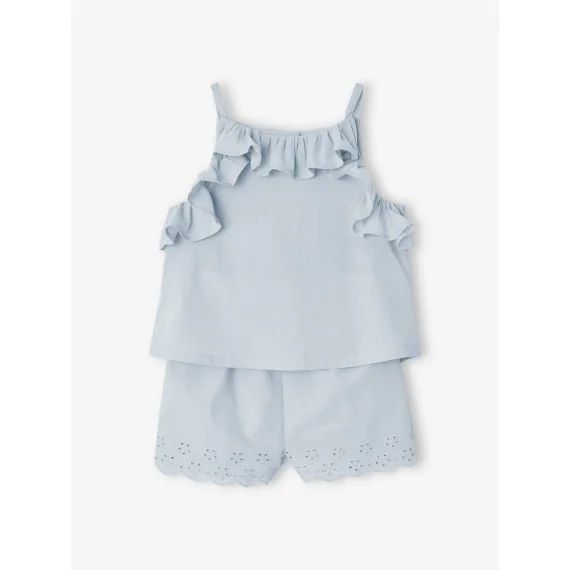 Ensemble bébé : blouse à bretelles + short brodé bleu glacier