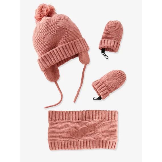 Ensemble bonnet + snood + moufles bébé fille rose