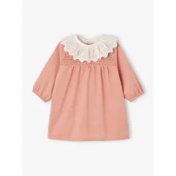 Robe à smocks en velours col brodé amovible bébé rose