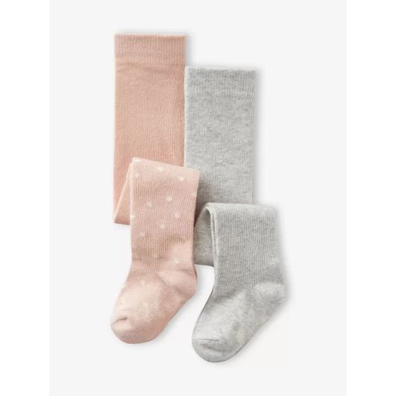 Lot de 2 paires de collants à coeurs/unis bébé fille gris chiné