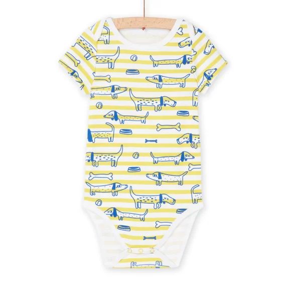 Body Blanc Et Jaune En Coton Biologique À Imprimé À Rayures Et Chiens