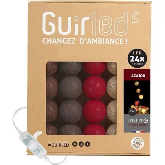 Guirlande lumineuse boules coton LED USB – Veilleuse bébé 2h –  3 intensités – 24 boules 2,4m – Acajou marron