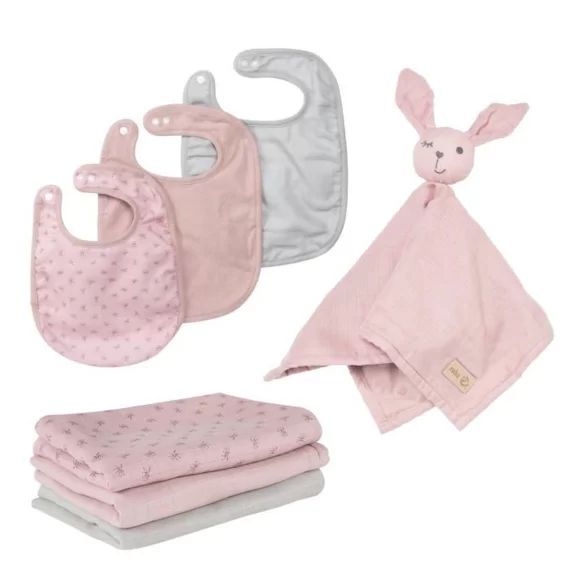 ROBA Coffret Bébé Lil Planet : 3x Bavoirs + Doudou + 3x Couches Lavables – Rose/Gris rose