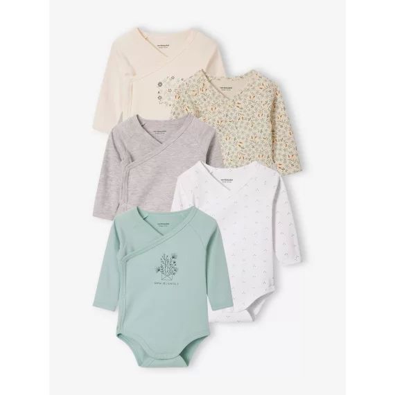 Lot de 5 bodies bébé manches longues ouverture naissance écru