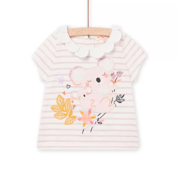 T-shirt À Rayures Col Fleur Animation Koalas Bébé Fille – Rose