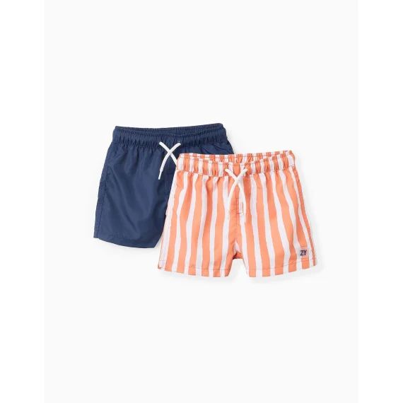Pack 2 Shorts De Bain Rayé/uni Orange Clair