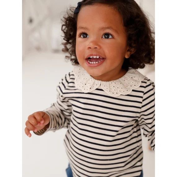 T-shirt col brodé bébé manches longues rayé marine