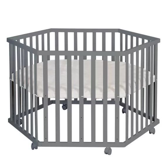 ROBA Parc Bébé Hexagonal – avec Tapis Grège en Cuir PU Hydrofuge + 6 Roulettes à Freins – Hauteur Réglable – Bois Anthracite noir