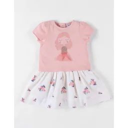 Robe Bi-matière À Manches Courtes Impression Fleurie Poudré Rose