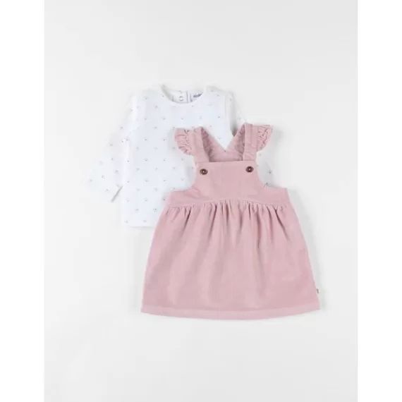 Ensemble robe velours côtélé + t-shirt manches longues rose