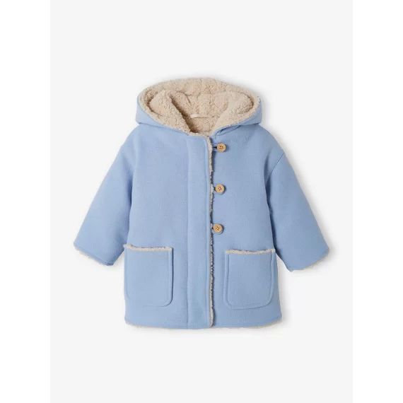 Manteau en drap de laine bébé doublé de fausse fourrure bleu ciel