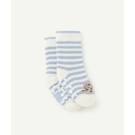 La paire de chaussettes bébé fille antidérapantes en coton bleu et blanche