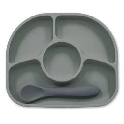 Assiette À Compartiments Ventousée Et Cuillère En Silicone Gris