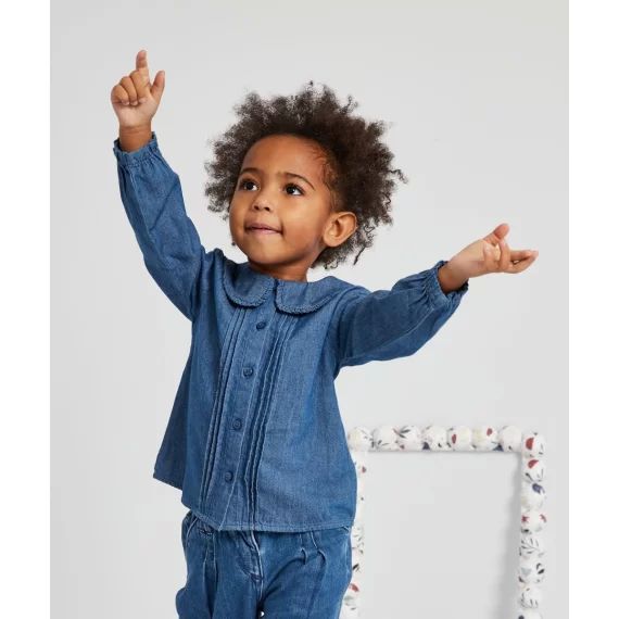 Blouse bébé fille en denim less water avec col claudine –  – Soldes