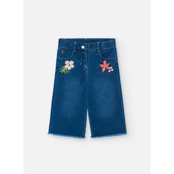 Jean Large Avec Broderie Et Ourlet Effiloché Bleu