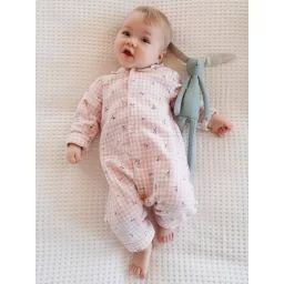 Pyjama bébé en flanelle de coton ouverture naissance carreaux rose thé