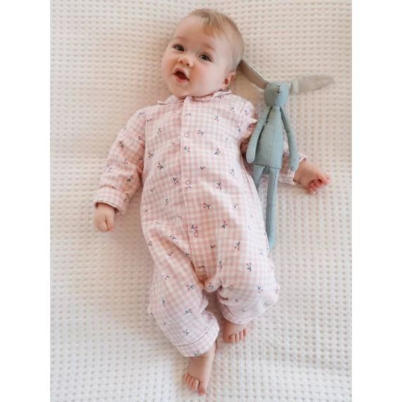 Pyjama bébé en flanelle de coton ouverture naissance carreaux rose thé
