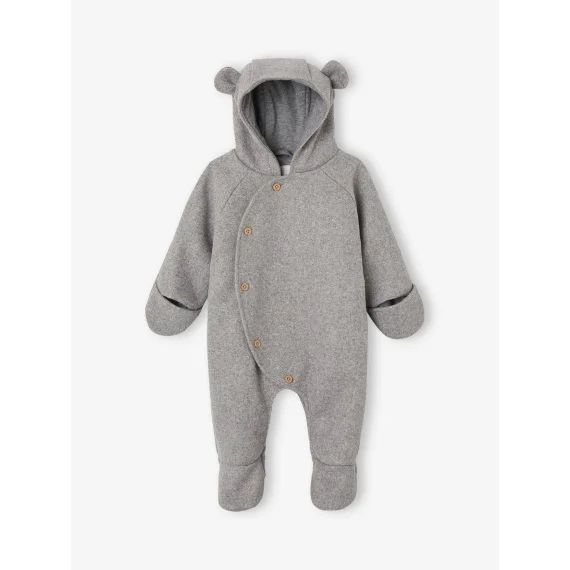 Combipilote à capuche en drap de laine bébé ouverture décalée gris chiné