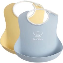Lot de 2 bavoirs plastifiés à poche jaune et bleu pastels