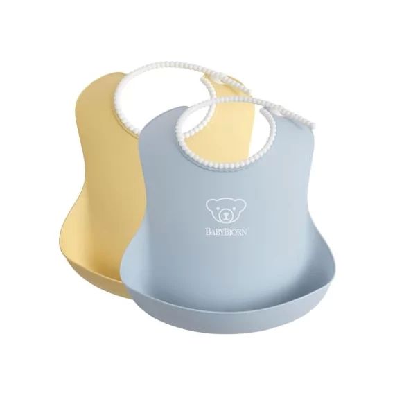 Lot de 2 bavoirs plastifiés à poche jaune et bleu pastels