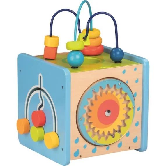 Cube d&rsquo;activités en bois Goki – Pour enfant de 3 mois et plus – Multicolore – 20 x 21,5 x 32,5 cm bleu