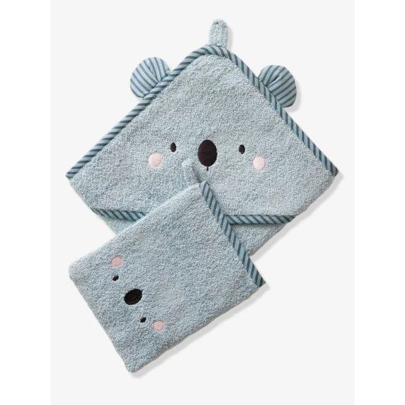 Cape de bain bébé à capuche brodée animaux bleu