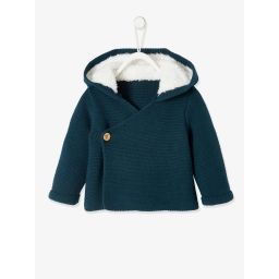 Cardigan avec capuche doublée fausse fourrure bébé céladon foncé