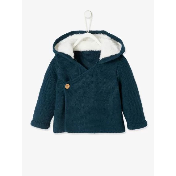 Cardigan avec capuche doublée fausse fourrure bébé céladon foncé