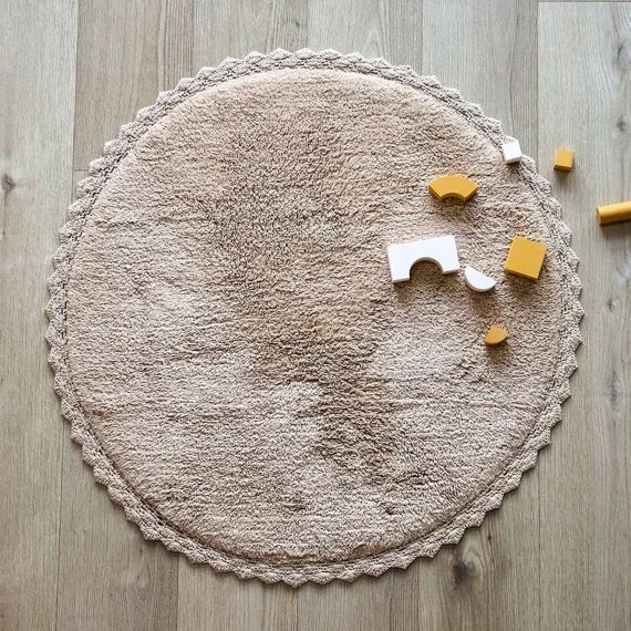 Tapis Rond Coton Lavable Finition Crochet Perla Nude